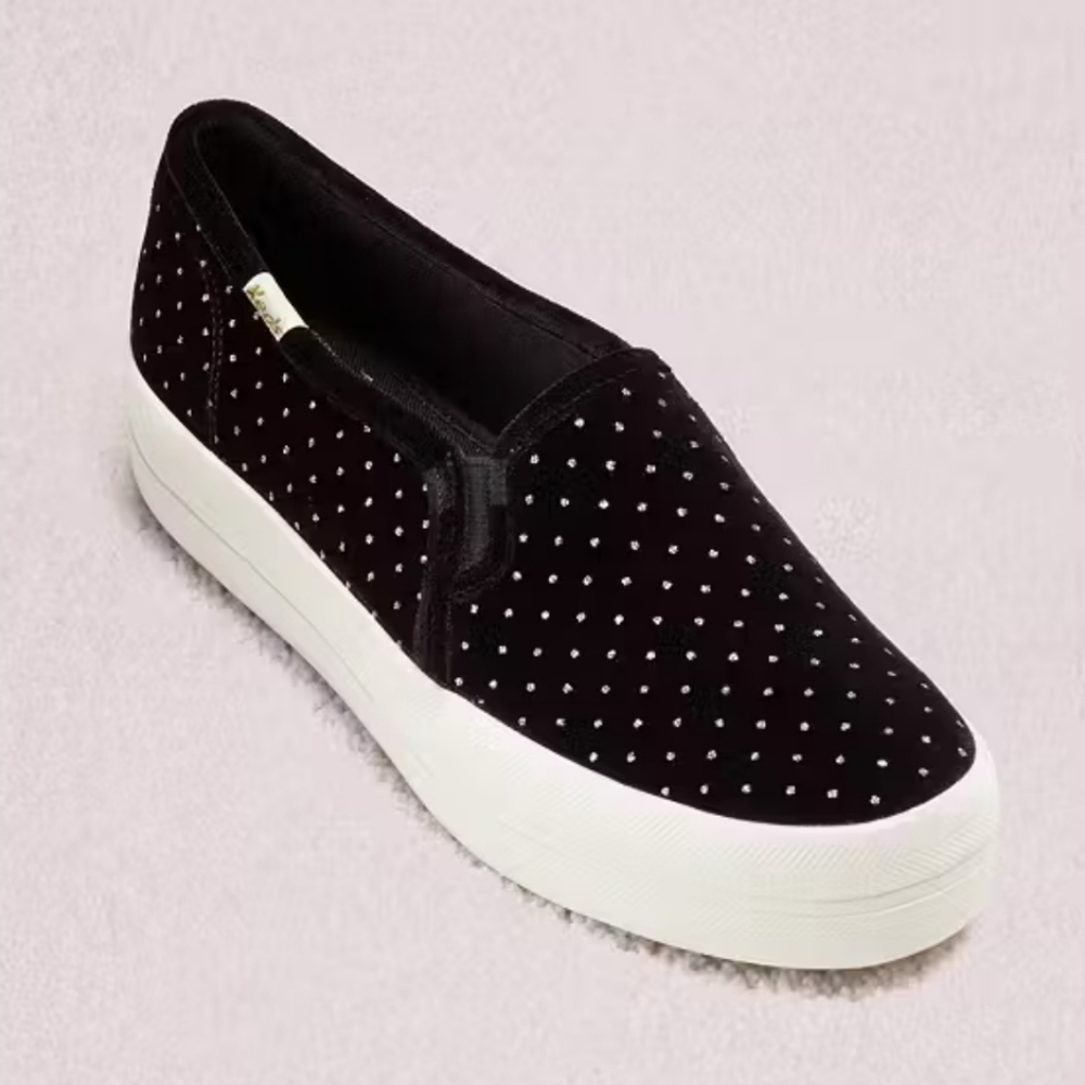KATE SPADE x KEDS Size 7.5 New York Triple Decker Glitter Black Velvet Sneakers